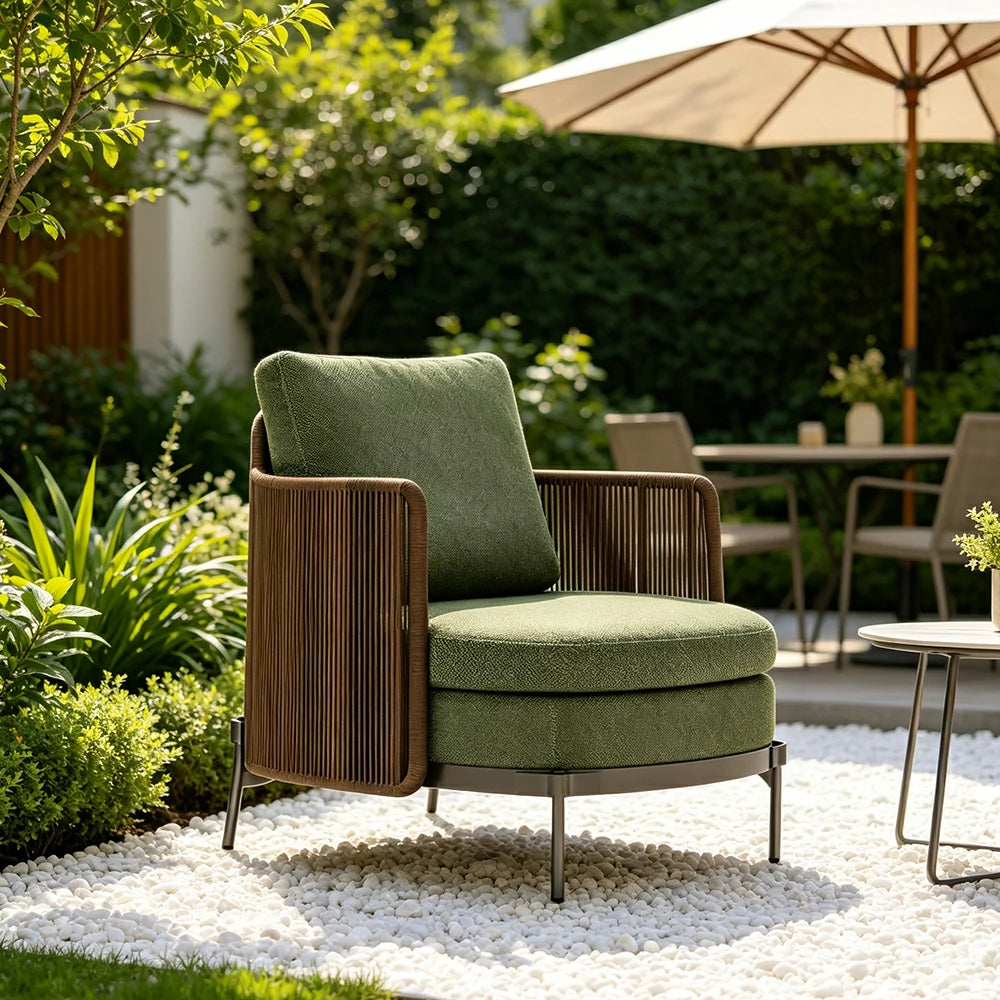 SOLARA Outdoor Single Lounge Chair with Armrests - Water Repellent Sun Resistant Cushion for Garden Balcony Patio - Green