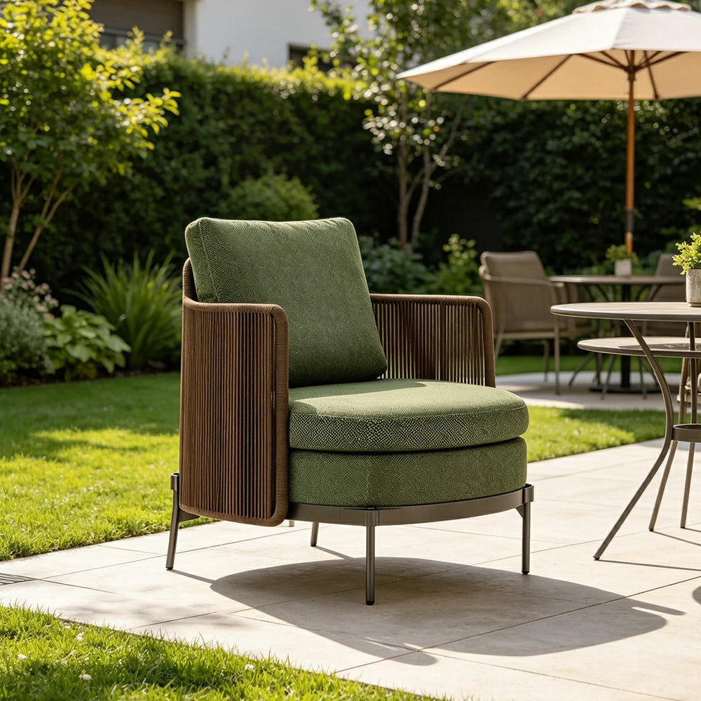 SOLARA Outdoor Single Lounge Chair with Armrests - Water Repellent Sun Resistant Cushion for Garden Balcony Patio - Green