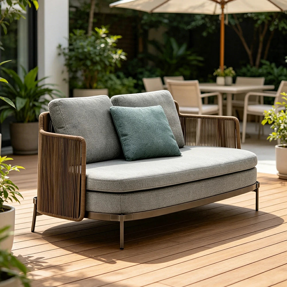 SOLARA Outdoor 2 Seater Sofa with Armrests - Water Repellent Sun Resistant Cushions for Garden Balcony Patio - Grey