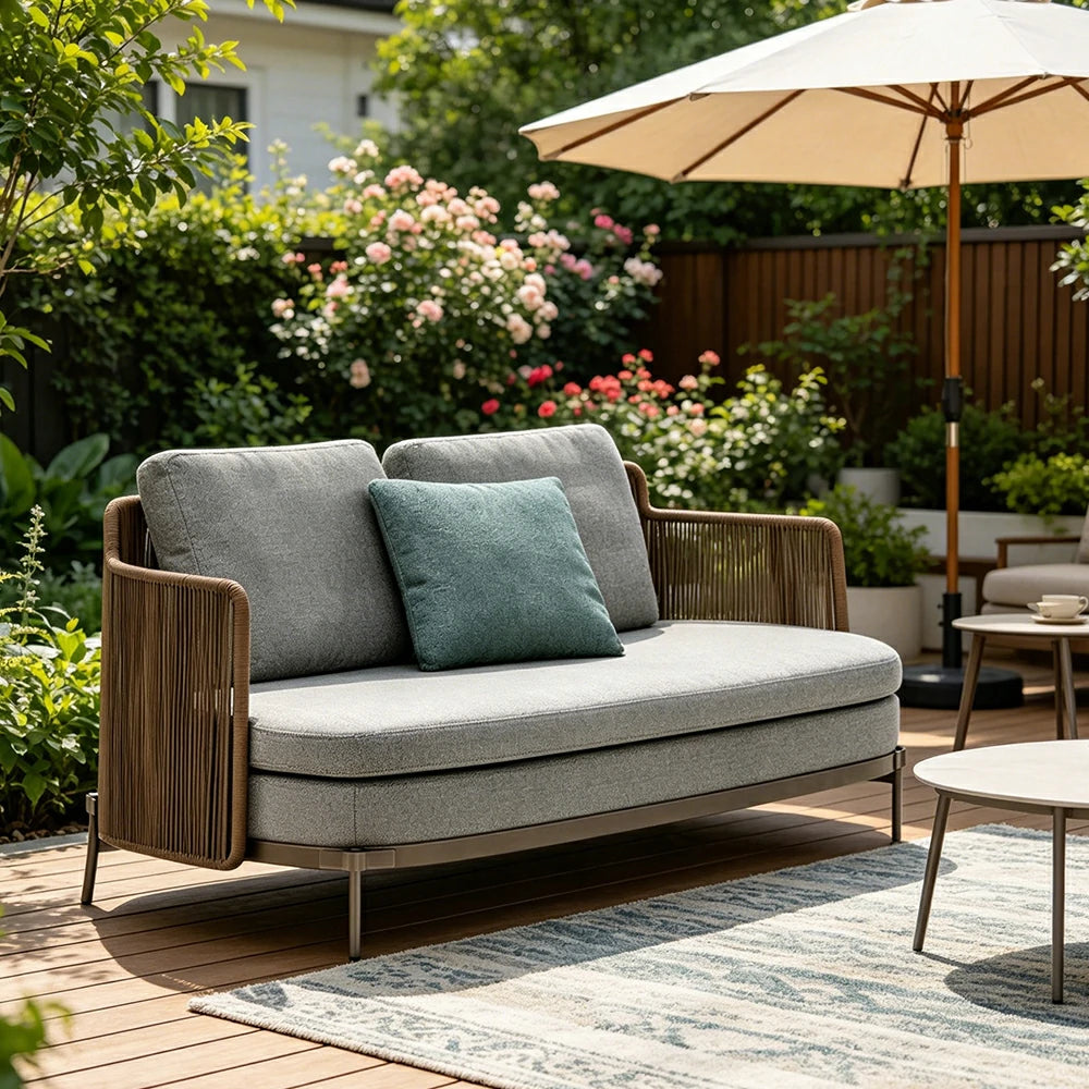 SOLARA Outdoor 2 Seater Sofa with Armrests - Water Repellent Sun Resistant Cushions for Garden Balcony Patio - Grey