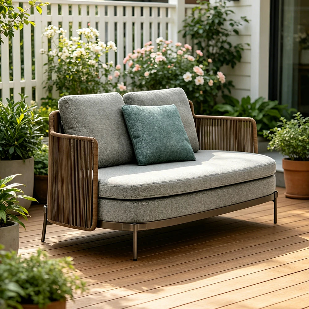 SOLARA Outdoor 2 Seater Sofa with Armrests - Water Repellent Sun Resistant Cushions for Garden Balcony Patio - Grey