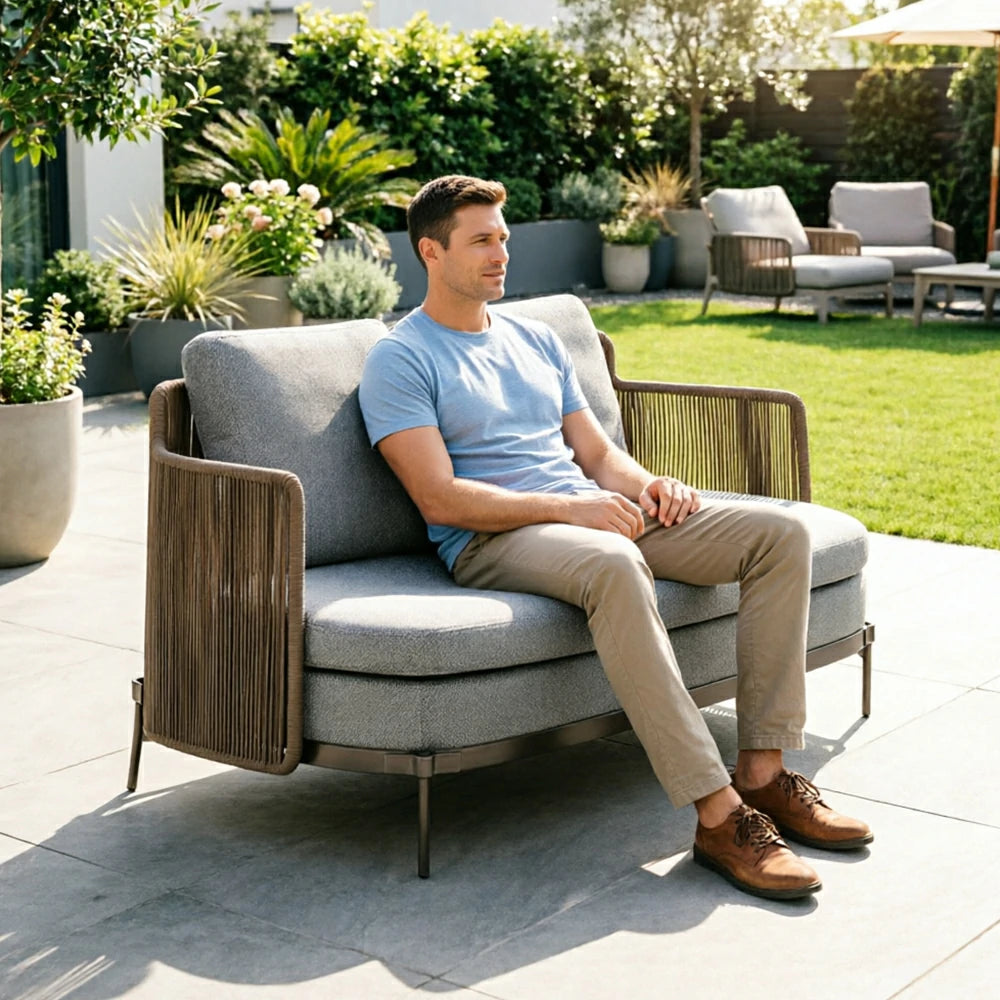SOLARA Outdoor 2 Seater Sofa with Armrests - Water Repellent Sun Resistant Cushions for Garden Balcony Patio - Grey