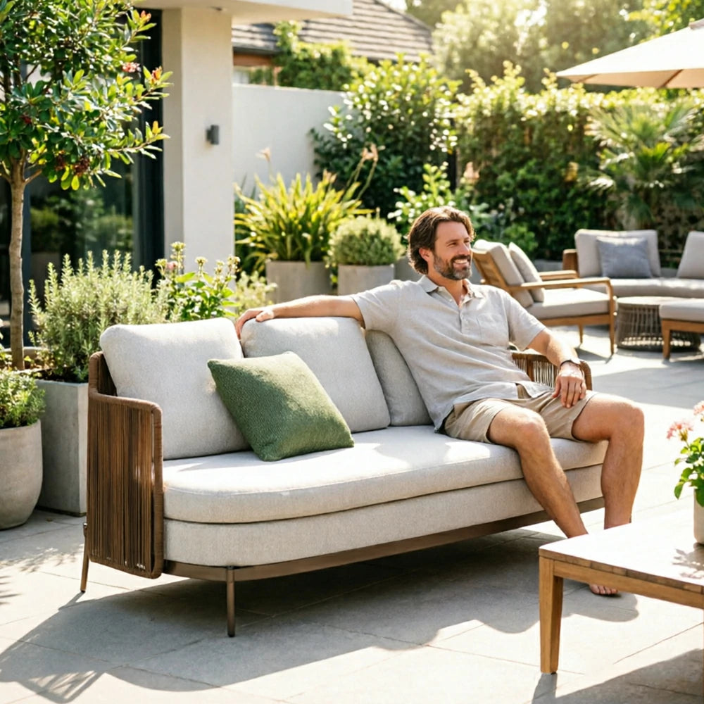 SOLARA Outdoor 3 Seater Sofa with Armrests - Water Repellent Sun Resistant Cushions for Garden Balcony Patio - Grey