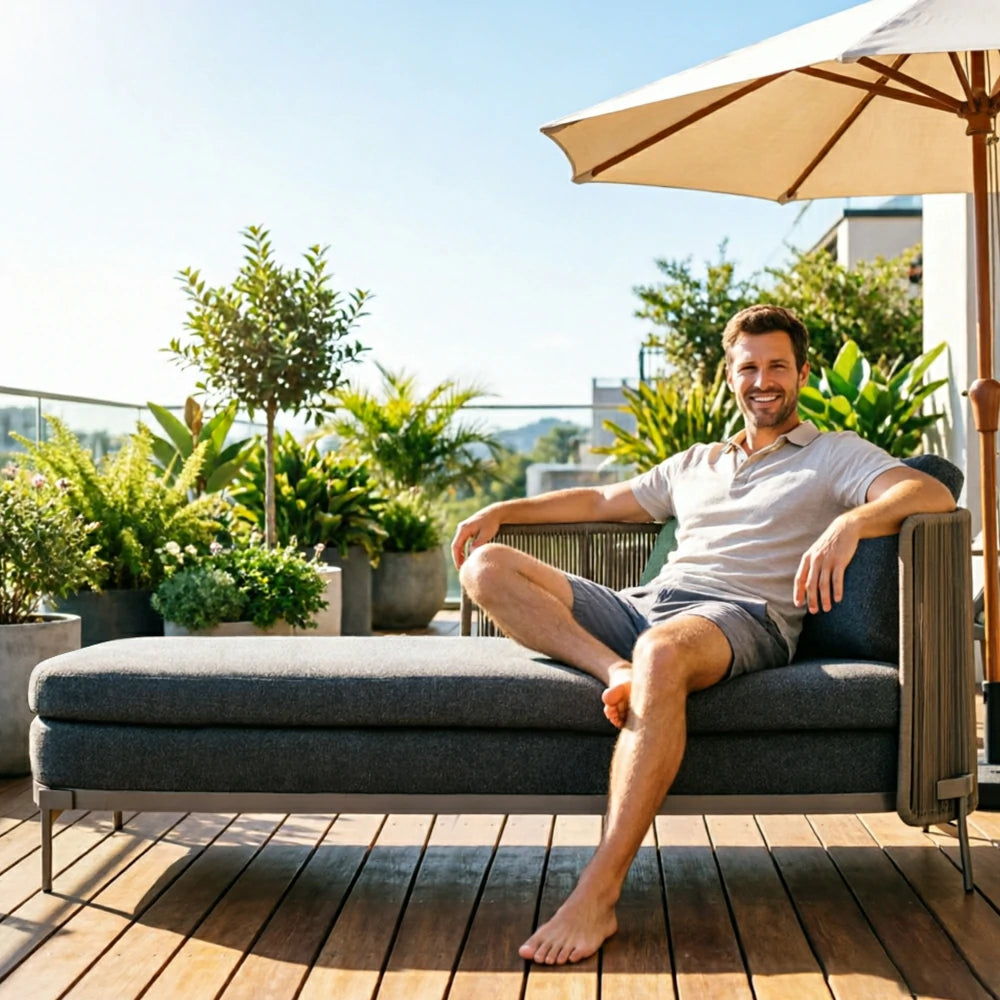 SOLARA Outdoor 3 Seater Chaise Sofa - Water Repellent Sun Resistant Cushions for Garden Balcony Patio - Dark Grey