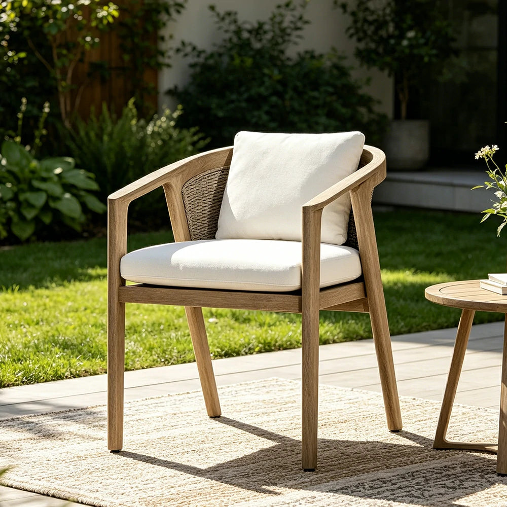 SOLARA Outdoor Armchair with Imported Teak Wood Frame - Water Repellent Cushion for Garden Balcony Patio - White