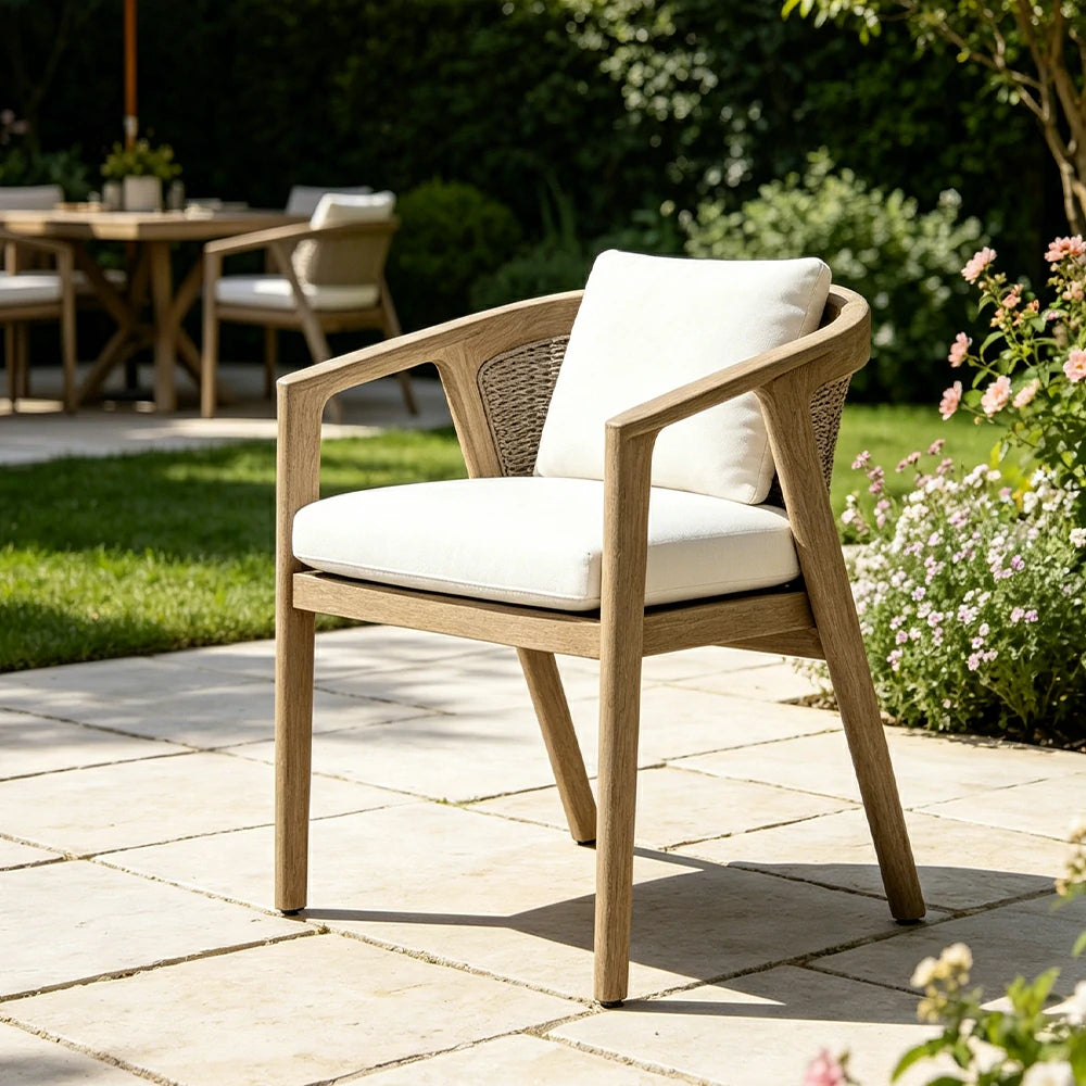 SOLARA Outdoor Armchair with Imported Teak Wood Frame - Water Repellent Cushion for Garden Balcony Patio - White