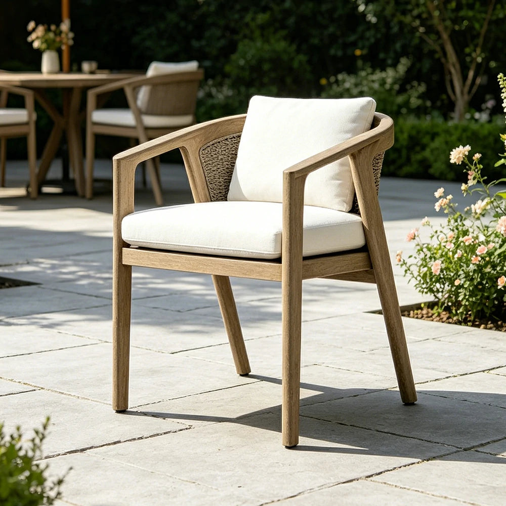 SOLARA Outdoor Armchair with Imported Teak Wood Frame - Water Repellent Cushion for Garden Balcony Patio - White