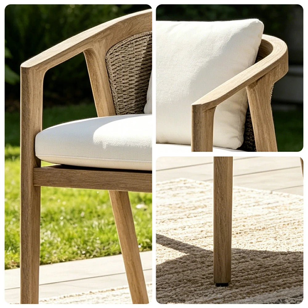 SOLARA Outdoor Armchair with Imported Teak Wood Frame - Water Repellent Cushion for Garden Balcony Patio - White