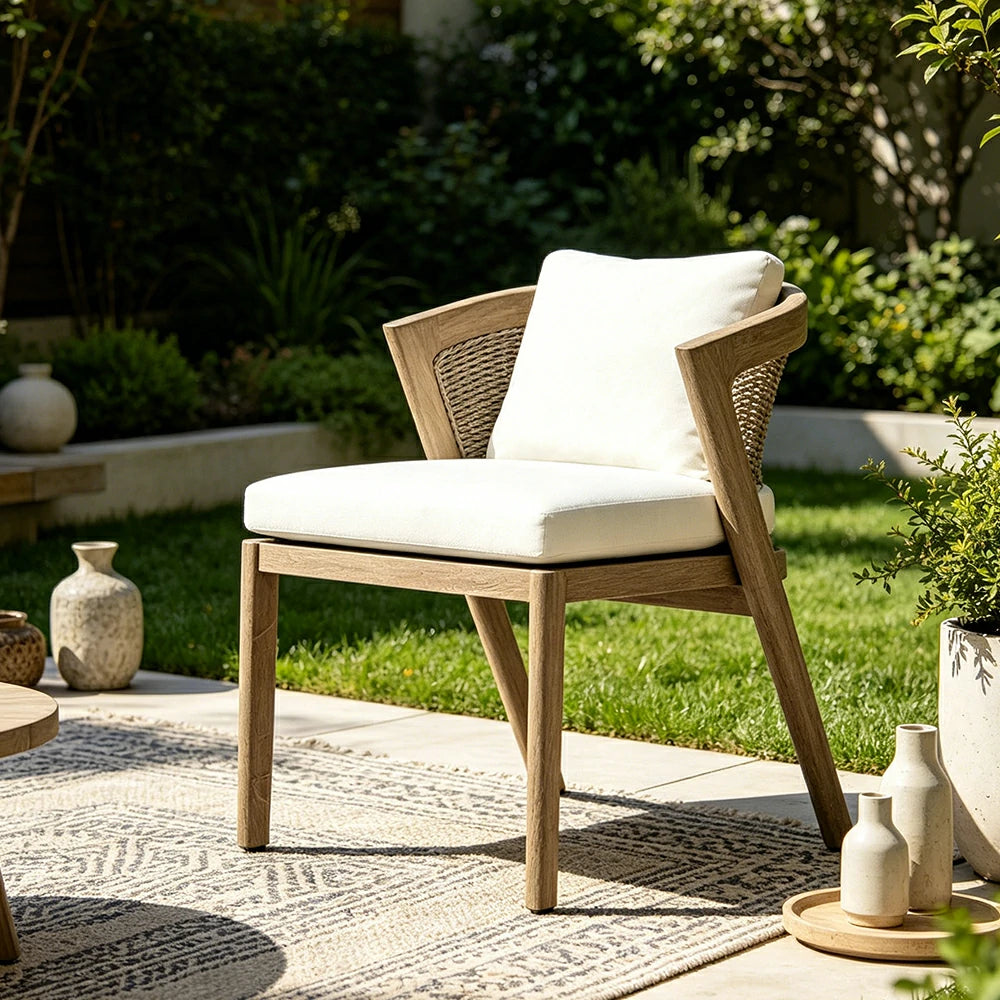 SOLARA Outdoor Armless Chair with Imported Teak Wood Frame - Water Repellent Cushion for Garden Balcony Patio - White