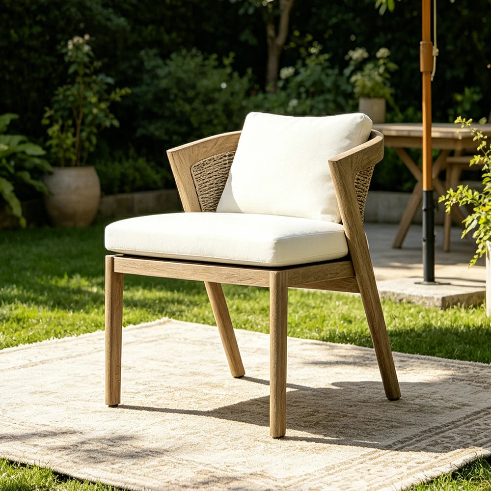SOLARA Outdoor Armless Chair with Imported Teak Wood Frame - Water Repellent Cushion for Garden Balcony Patio - White