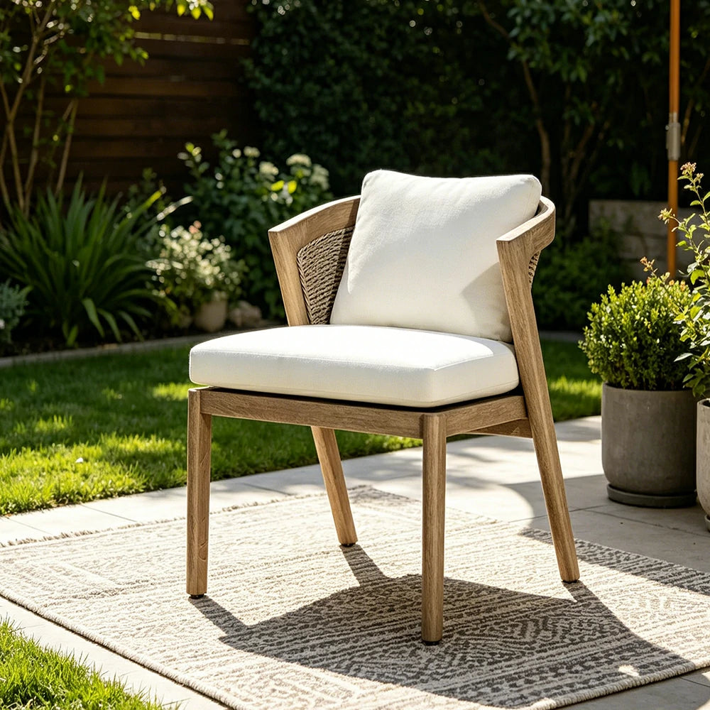 SOLARA Outdoor Armless Chair with Imported Teak Wood Frame - Water Repellent Cushion for Garden Balcony Patio - White