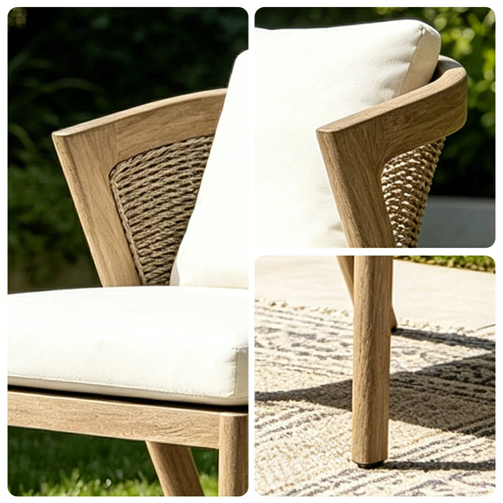 SOLARA Outdoor Armless Chair with Imported Teak Wood Frame - Water Repellent Cushion for Garden Balcony Patio - White
