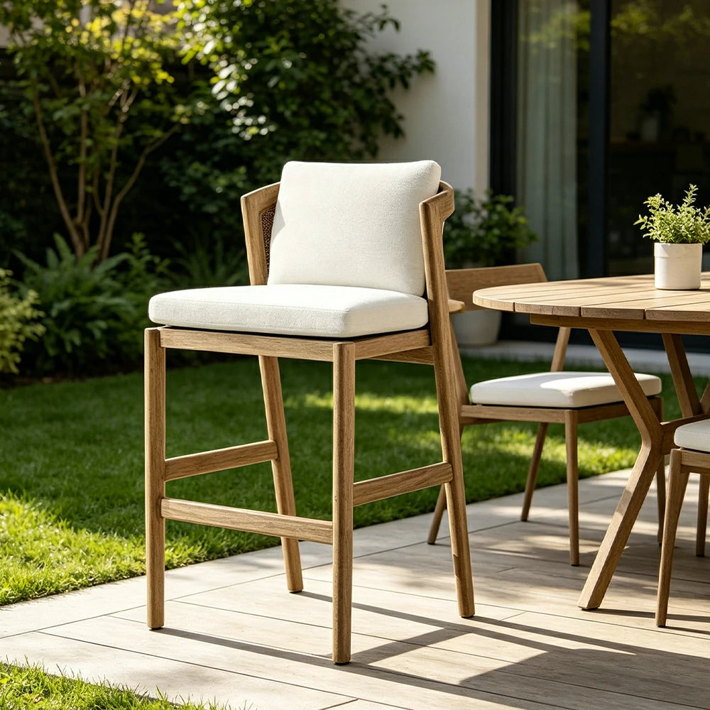 SOLARA Outdoor Bar Chair with Imported Teak Wood Frame - Water Repellent Cushion for Garden Balcony Patio - White