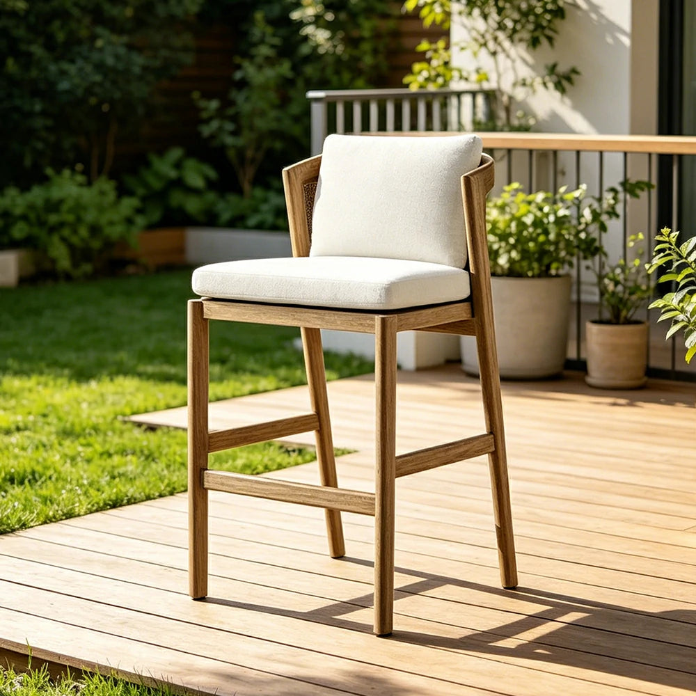 SOLARA Outdoor Bar Chair with Imported Teak Wood Frame - Water Repellent Cushion for Garden Balcony Patio - White