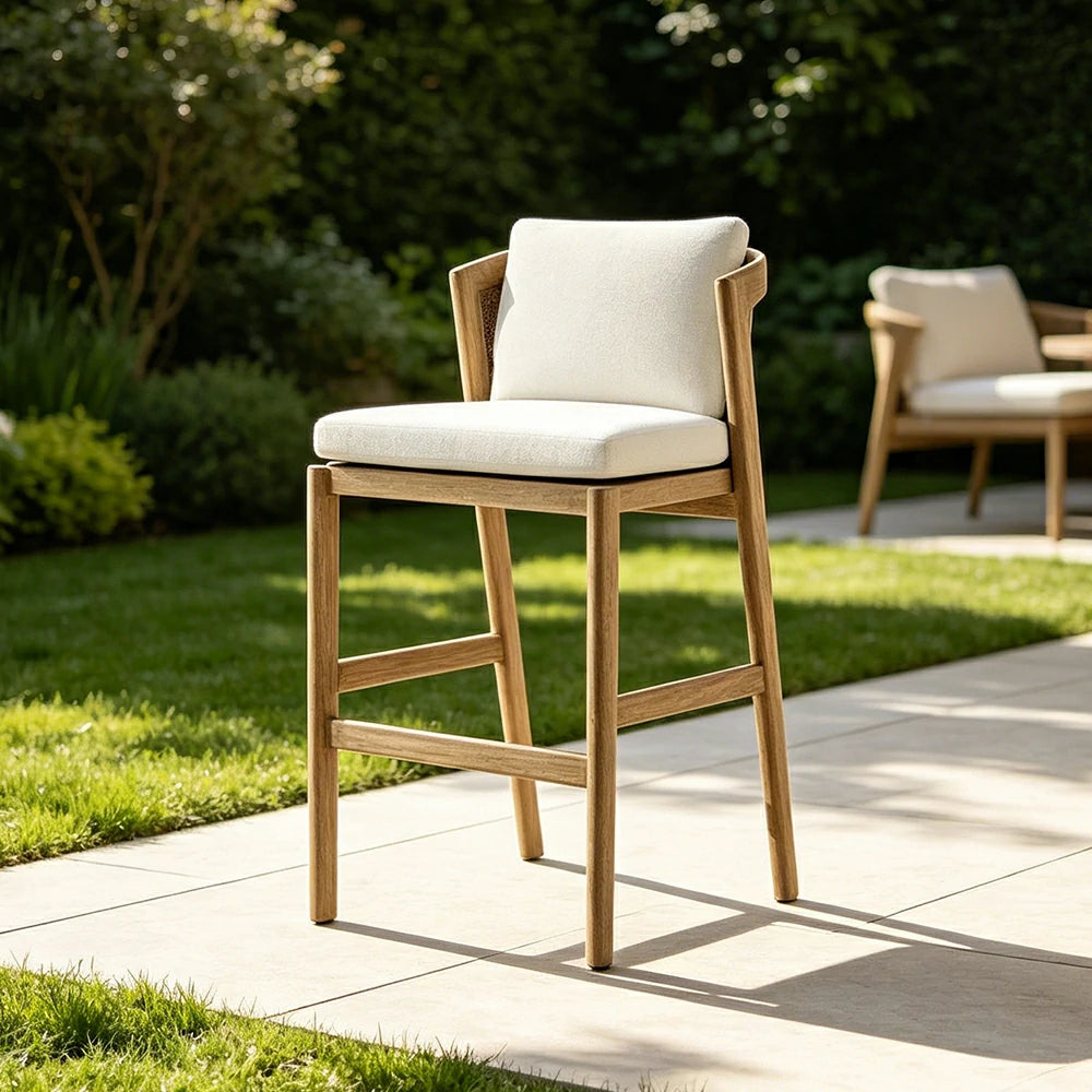 SOLARA Outdoor Bar Chair with Imported Teak Wood Frame - Water Repellent Cushion for Garden Balcony Patio - White