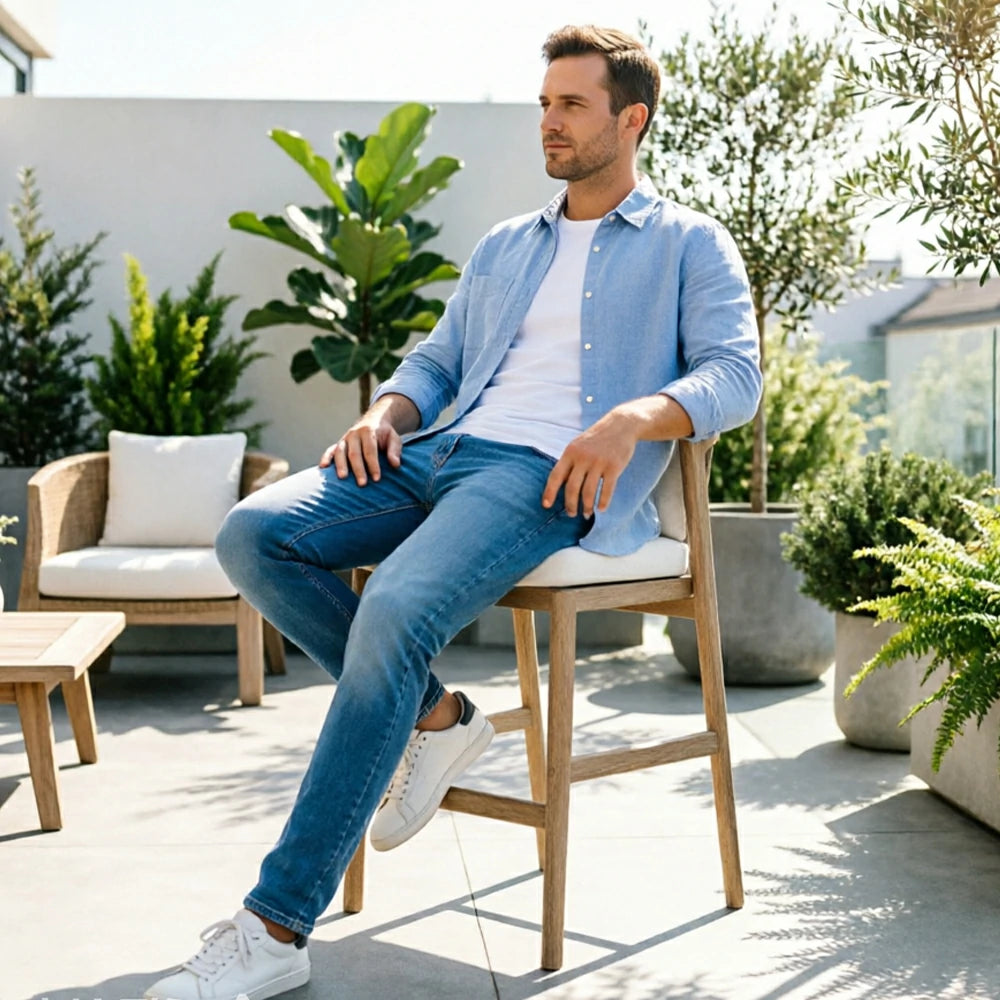 SOLARA Outdoor Bar Chair with Imported Teak Wood Frame - Water Repellent Cushion for Garden Balcony Patio - White