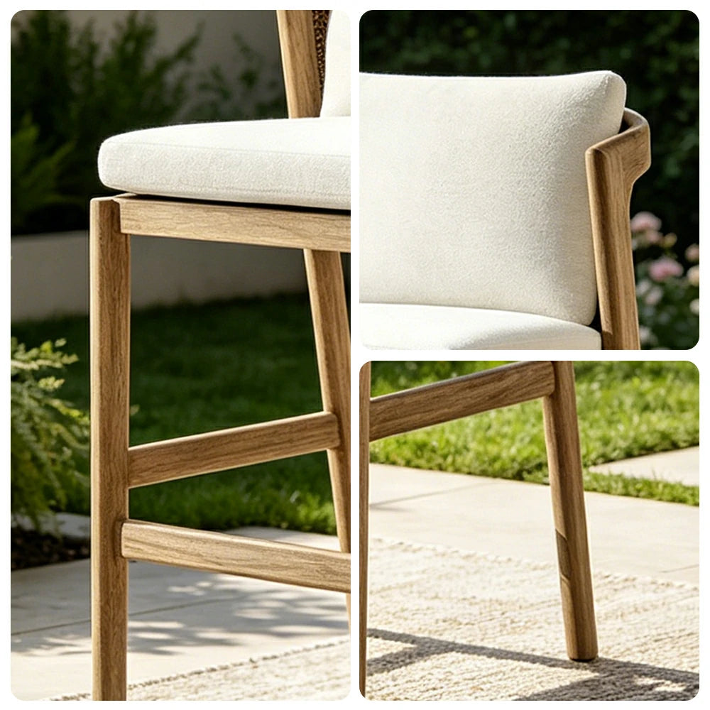 SOLARA Outdoor Bar Chair with Imported Teak Wood Frame - Water Repellent Cushion for Garden Balcony Patio - White