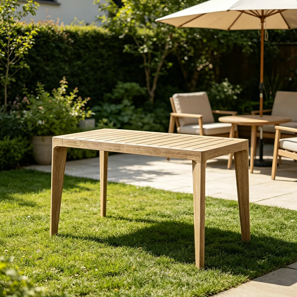 SOLARA Outdoor 1.4M Bar Table with Imported Teak Wood Frame - Slatted Top for Garden Balcony Patio - Natural