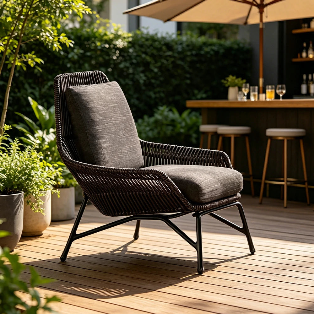 SOLARA Outdoor Olefin Rope Lounge Chair - 72x70x85cm with Water-Resistant Cushion for Garden Balcony Patio - Dark Grey