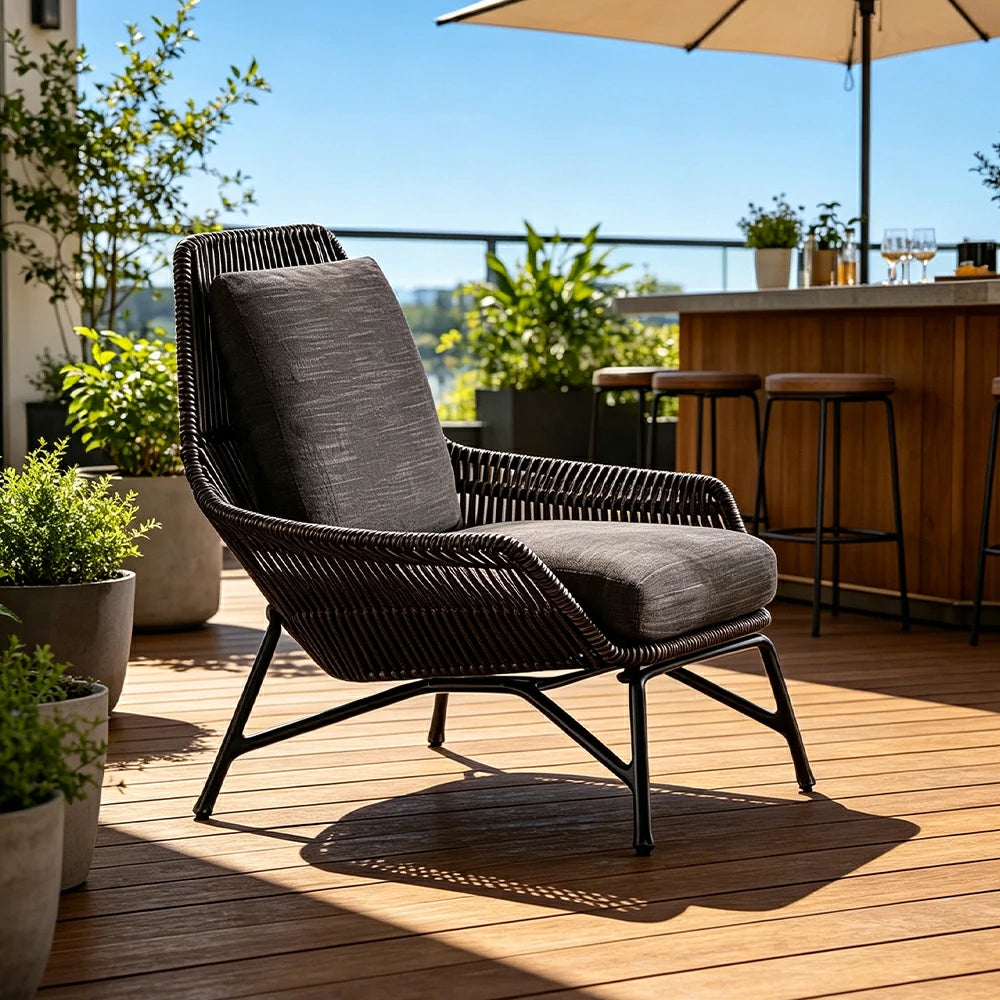 SOLARA Outdoor Olefin Rope Lounge Chair - 72x70x85cm with Water-Resistant Cushion for Garden Balcony Patio - Dark Grey