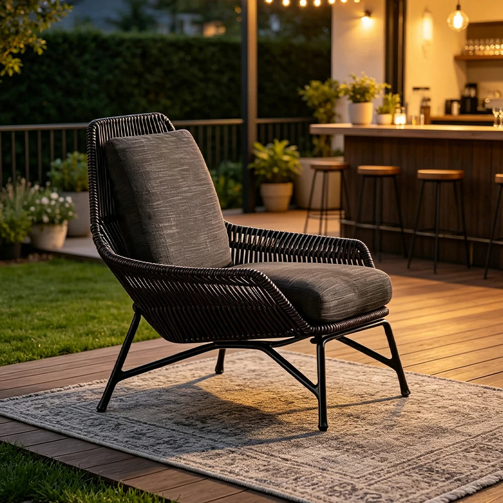 SOLARA Outdoor Olefin Rope Lounge Chair - 72x70x85cm with Water-Resistant Cushion for Garden Balcony Patio - Dark Grey