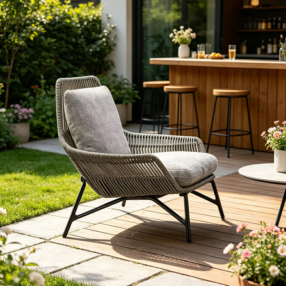SOLARA Olefin Rope Outdoor Lounge Chair - 72cm Low Back Patio Balcony Garden Chair with Cushion - Light Grey