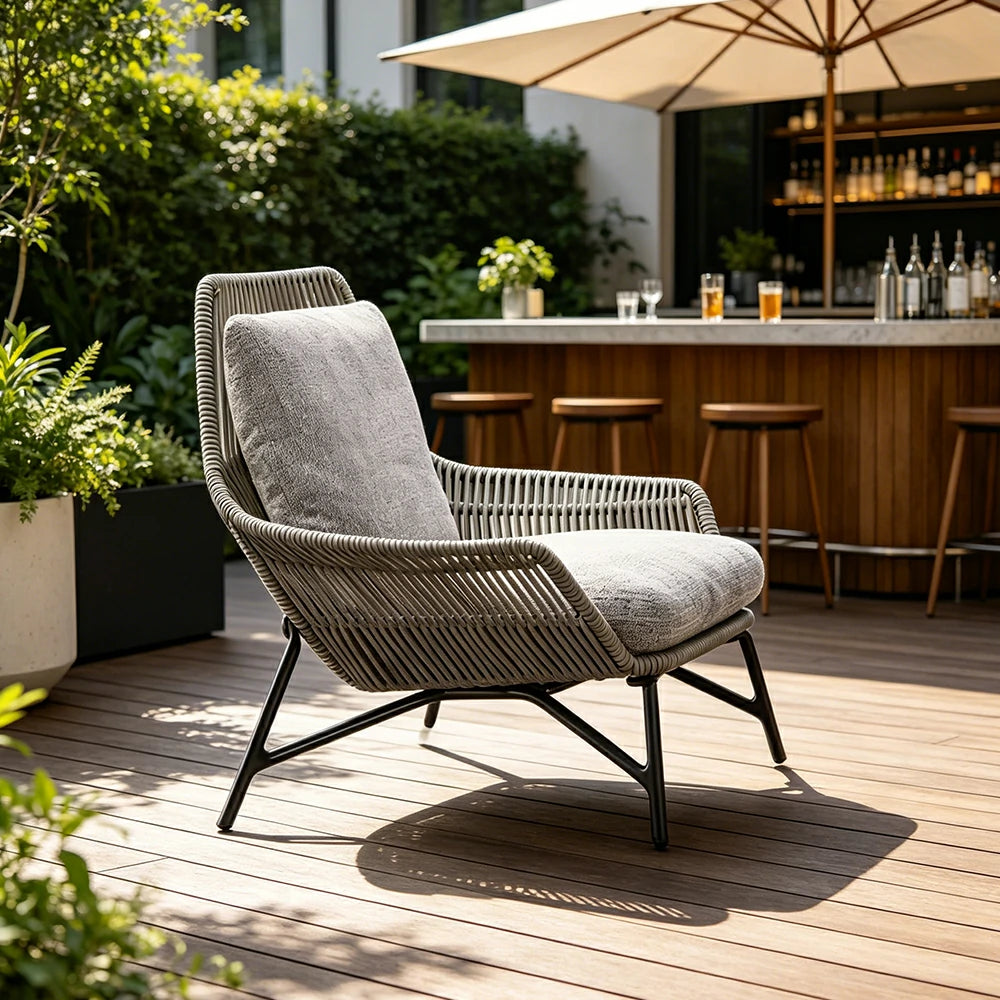 SOLARA Olefin Rope Outdoor Lounge Chair - 72cm Low Back Patio Balcony Garden Chair with Cushion - Light Grey