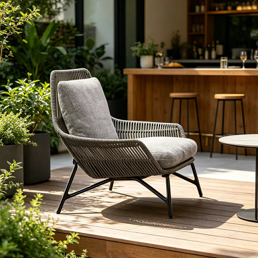SOLARA Olefin Rope Outdoor Lounge Chair - 72cm Low Back Patio Balcony Garden Chair with Cushion - Light Grey
