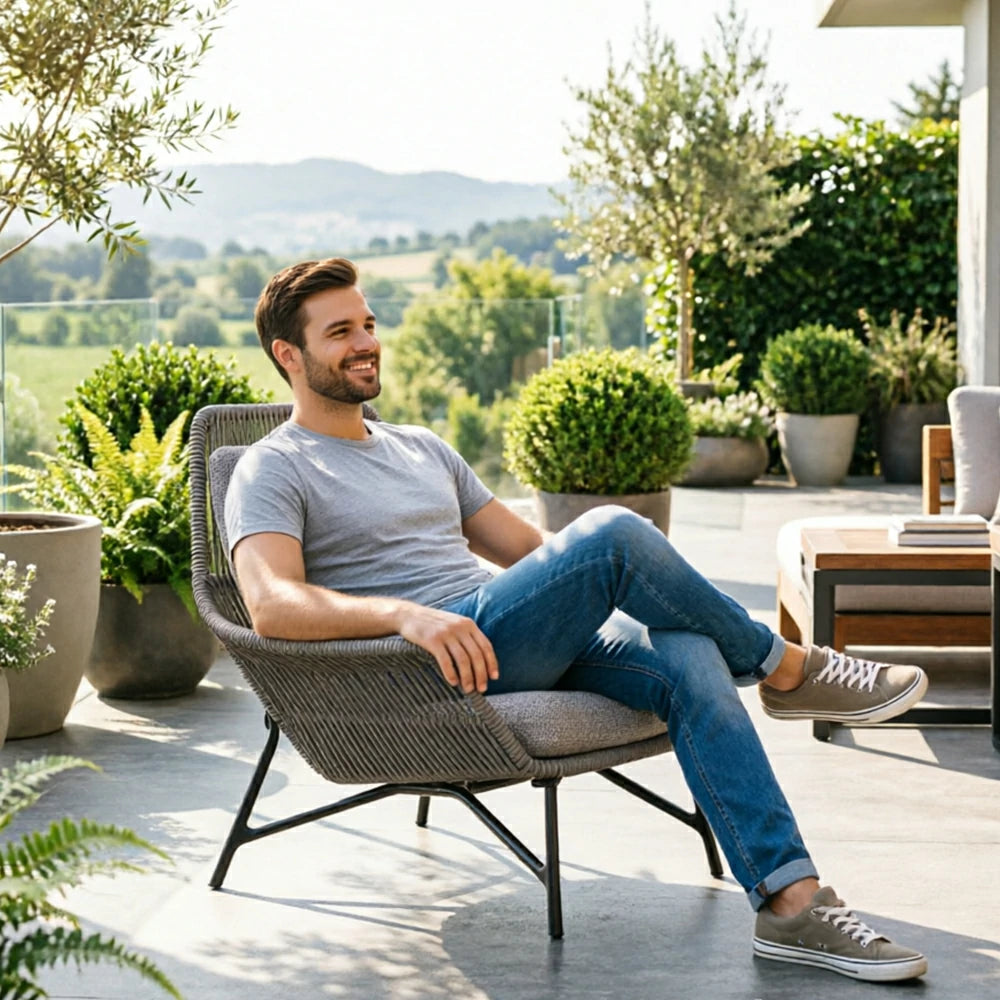 SOLARA Olefin Rope Outdoor Lounge Chair - 72cm Low Back Patio Balcony Garden Chair with Cushion - Light Grey