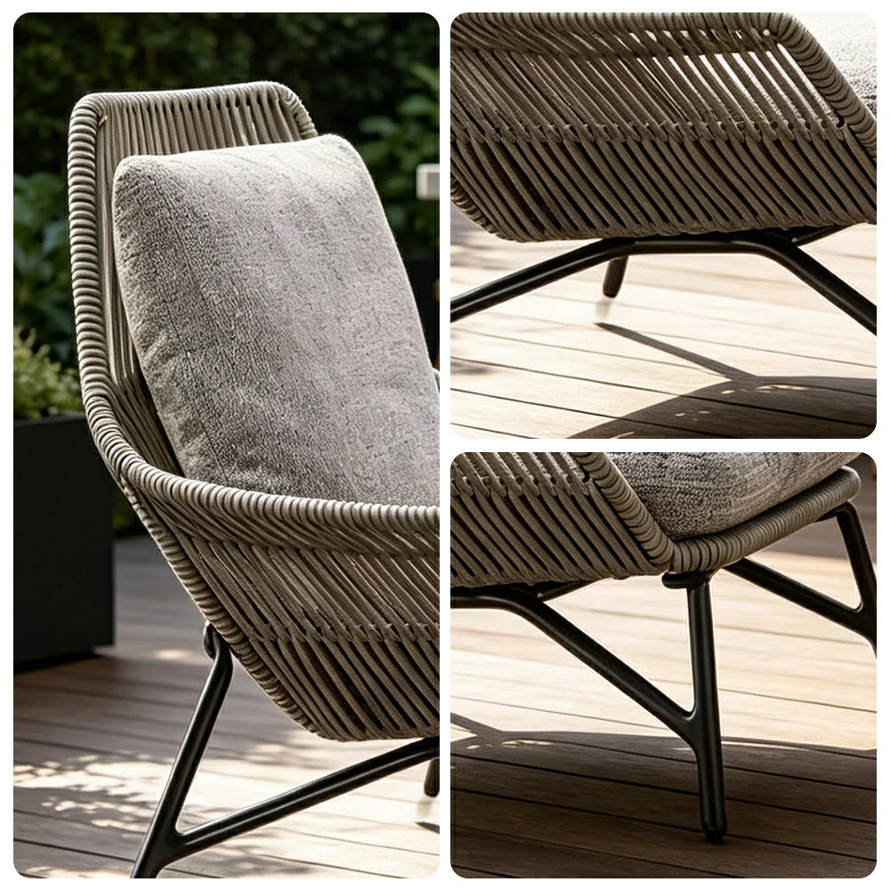 SOLARA Olefin Rope Outdoor Lounge Chair - 72cm Low Back Patio Balcony Garden Chair with Cushion - Light Grey