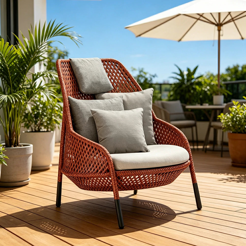 SOLARA Outdoor Lounge Chair with Reinforced Aluminium Frame - 84cm High Back Patio Garden Chair - Terracotta Grey