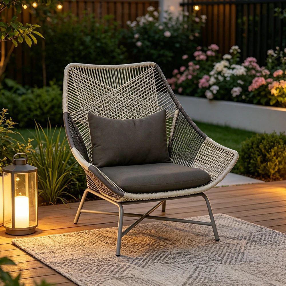 SOLARA Outdoor Rope Lounge Chair with Reinforced Aluminium Frame - 75cm Patio Balcony Garden Chair - Grey
