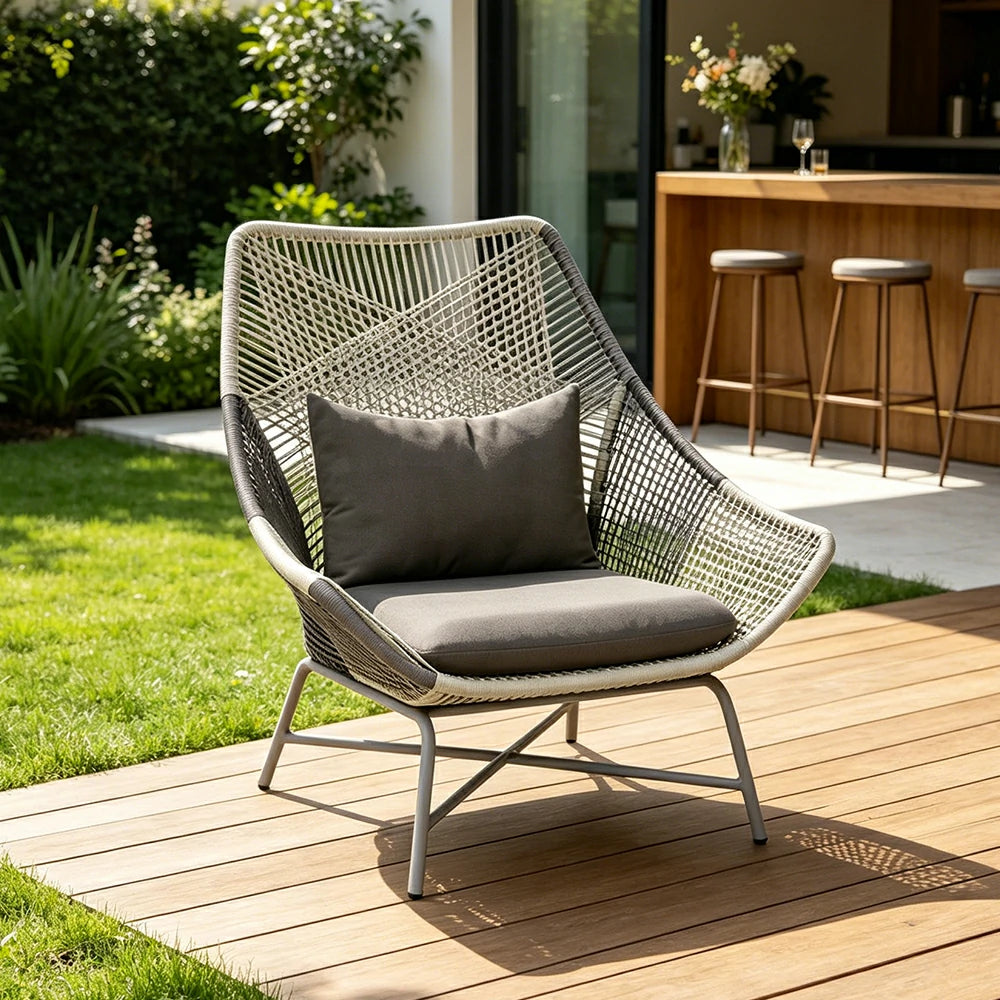 SOLARA Outdoor Rope Lounge Chair with Reinforced Aluminium Frame - 75cm Patio Balcony Garden Chair - Grey