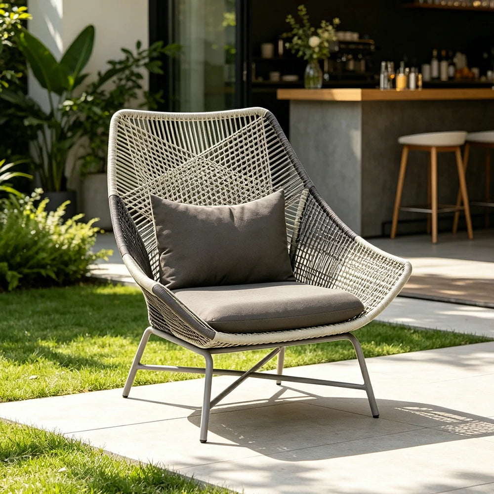SOLARA Outdoor Rope Lounge Chair with Reinforced Aluminium Frame - 75cm Patio Balcony Garden Chair - Grey