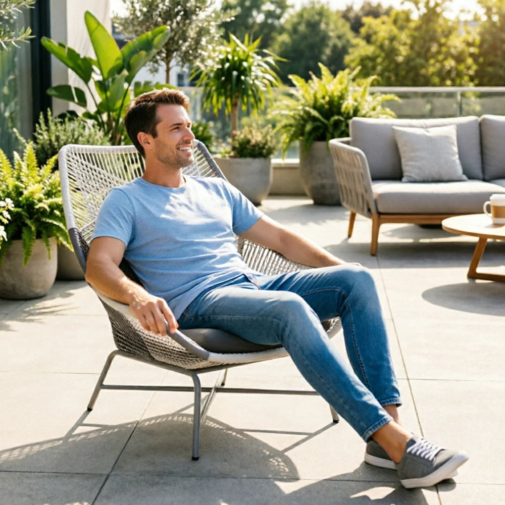SOLARA Outdoor Rope Lounge Chair with Reinforced Aluminium Frame - 75cm Patio Balcony Garden Chair - Grey