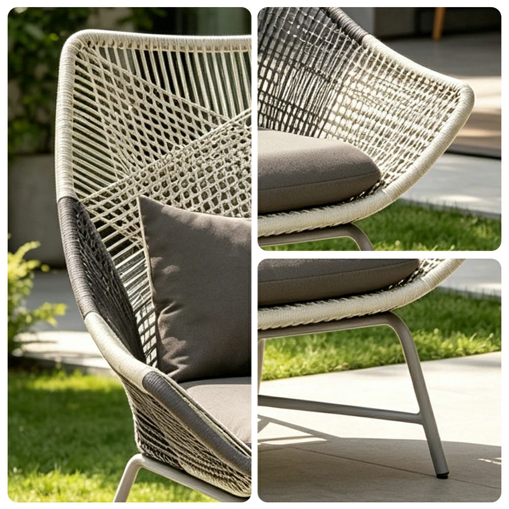 SOLARA Outdoor Rope Lounge Chair with Reinforced Aluminium Frame - 75cm Patio Balcony Garden Chair - Grey