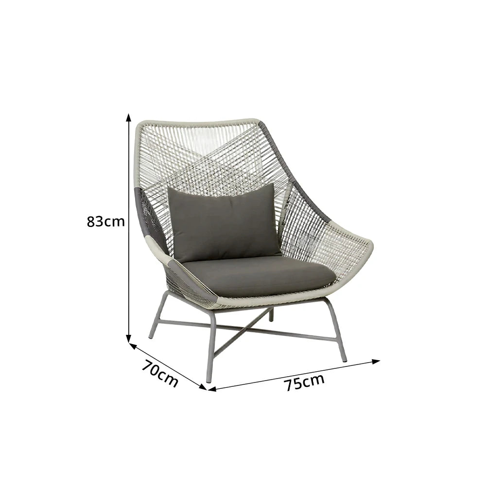 SOLARA Outdoor Rope Lounge Chair with Reinforced Aluminium Frame - 75cm Patio Balcony Garden Chair - Grey