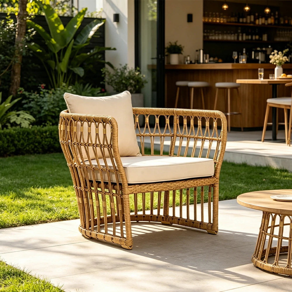 SOLARA Outdoor Rattan Lounge Chair with Aluminium Frame - 75cm Patio Balcony Garden Chair - Natural Beige