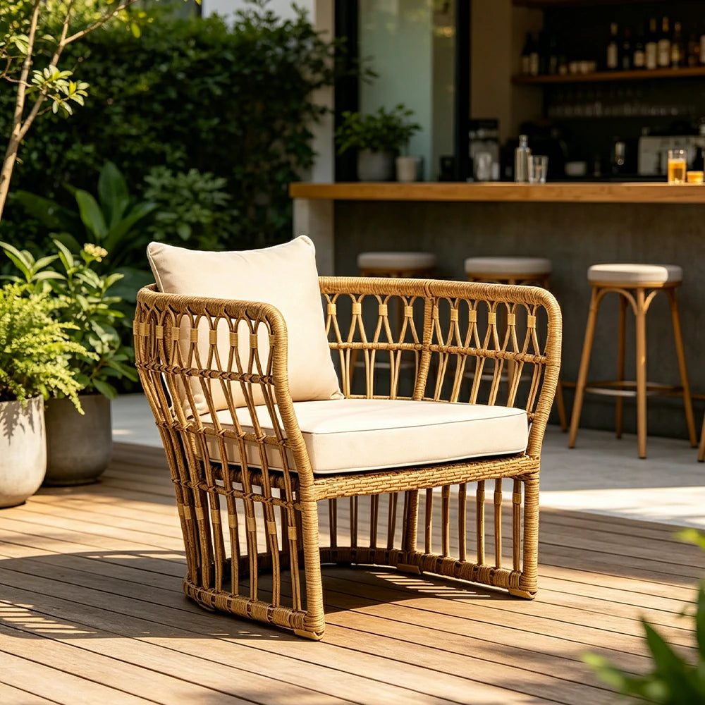 SOLARA Outdoor Rattan Lounge Chair with Aluminium Frame - 75cm Patio Balcony Garden Chair - Natural Beige