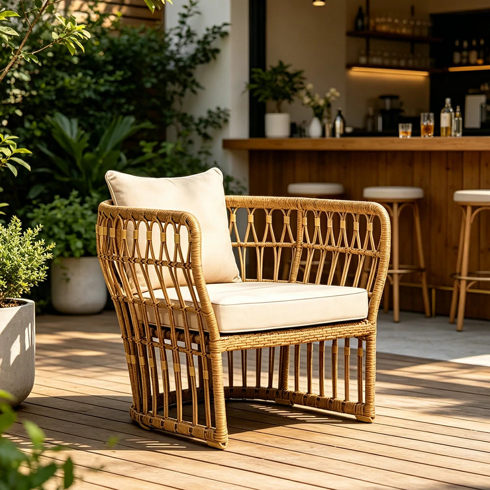 SOLARA Outdoor Rattan Lounge Chair with Aluminium Frame - 75cm Patio Balcony Garden Chair - Natural Beige