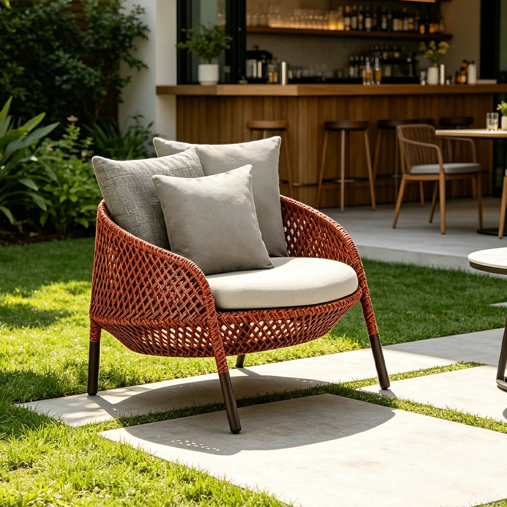 SOLARA Outdoor Rope Lounge Chair with Reinforced Aluminium Frame - 84cm Patio Balcony Garden Chair - Terracotta Grey