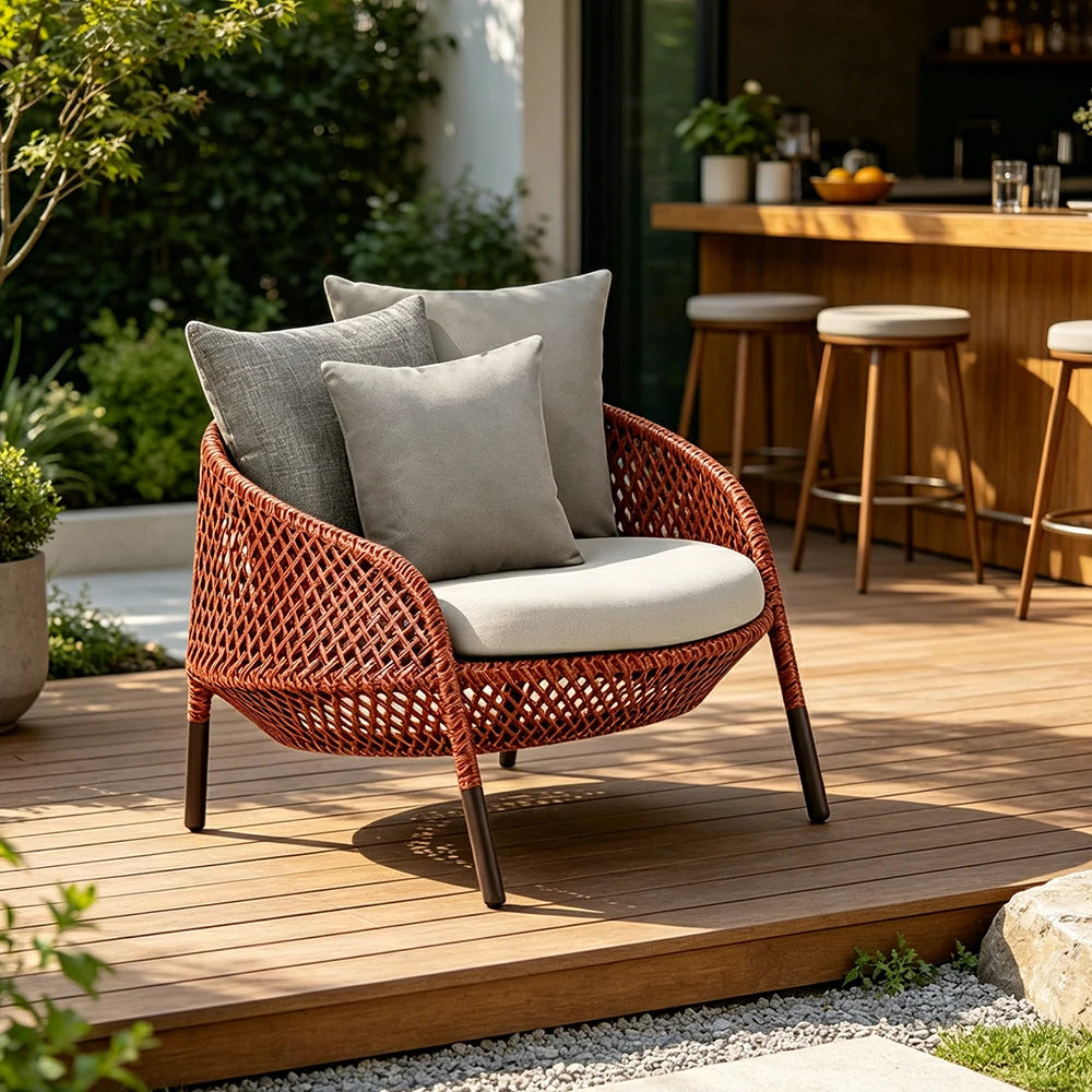 SOLARA Outdoor Rope Lounge Chair with Reinforced Aluminium Frame - 84cm Patio Balcony Garden Chair - Terracotta Grey
