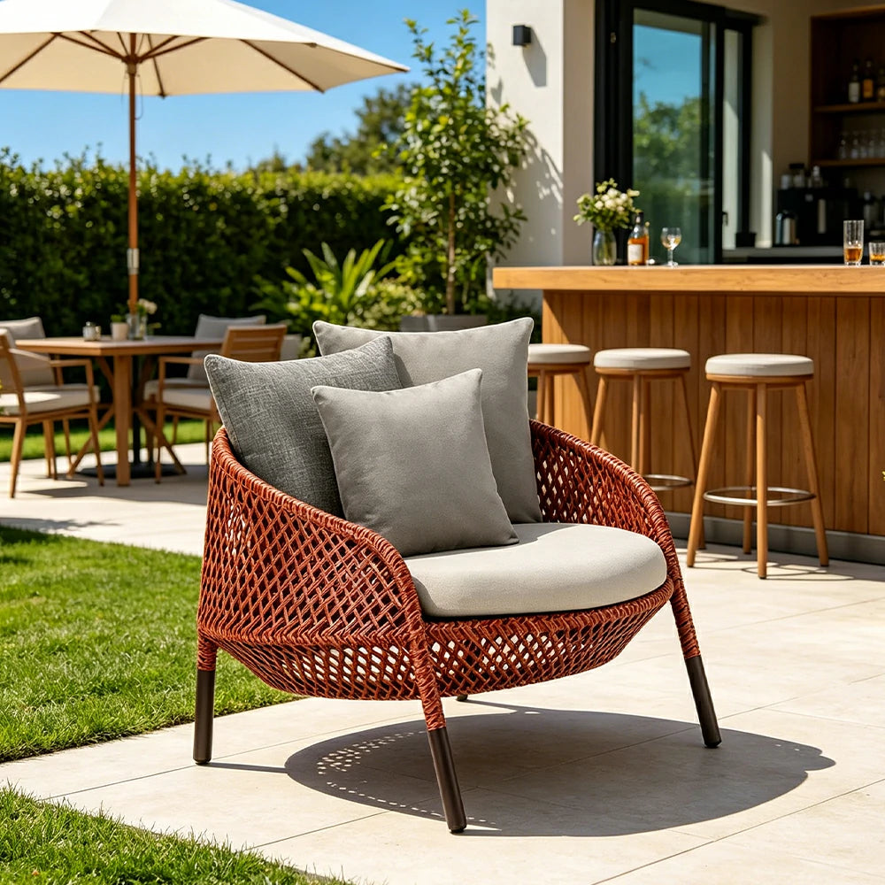 SOLARA Outdoor Rope Lounge Chair with Reinforced Aluminium Frame - 84cm Patio Balcony Garden Chair - Terracotta Grey