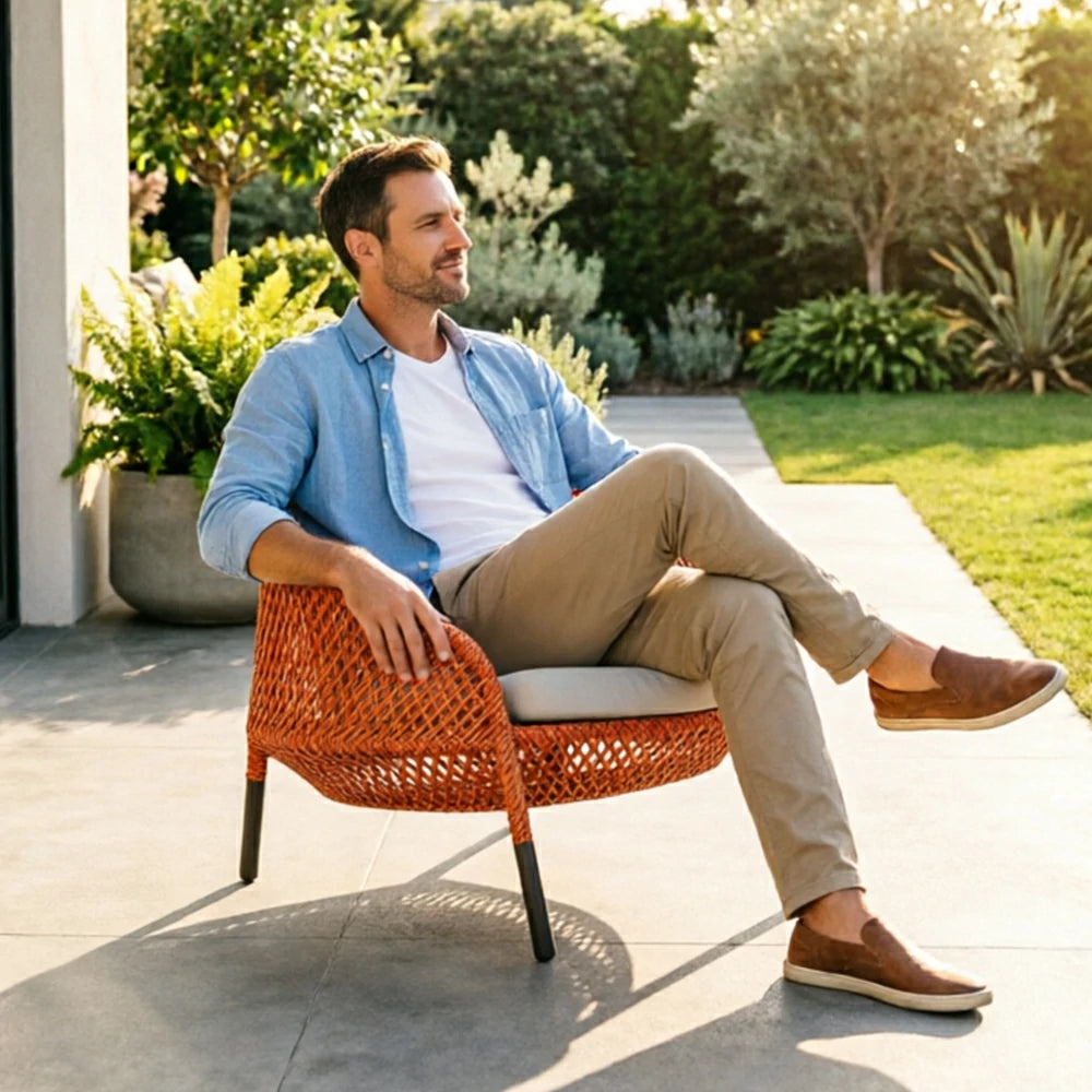 SOLARA Outdoor Rope Lounge Chair with Reinforced Aluminium Frame - 84cm Patio Balcony Garden Chair - Terracotta Grey