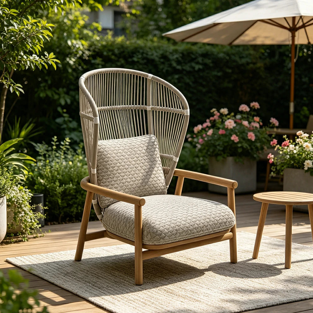 SOLARA Outdoor High Back Lounge Chair with Reinforced Aluminium Frame - 86cm Patio Garden Chair - Wood Grain Grey