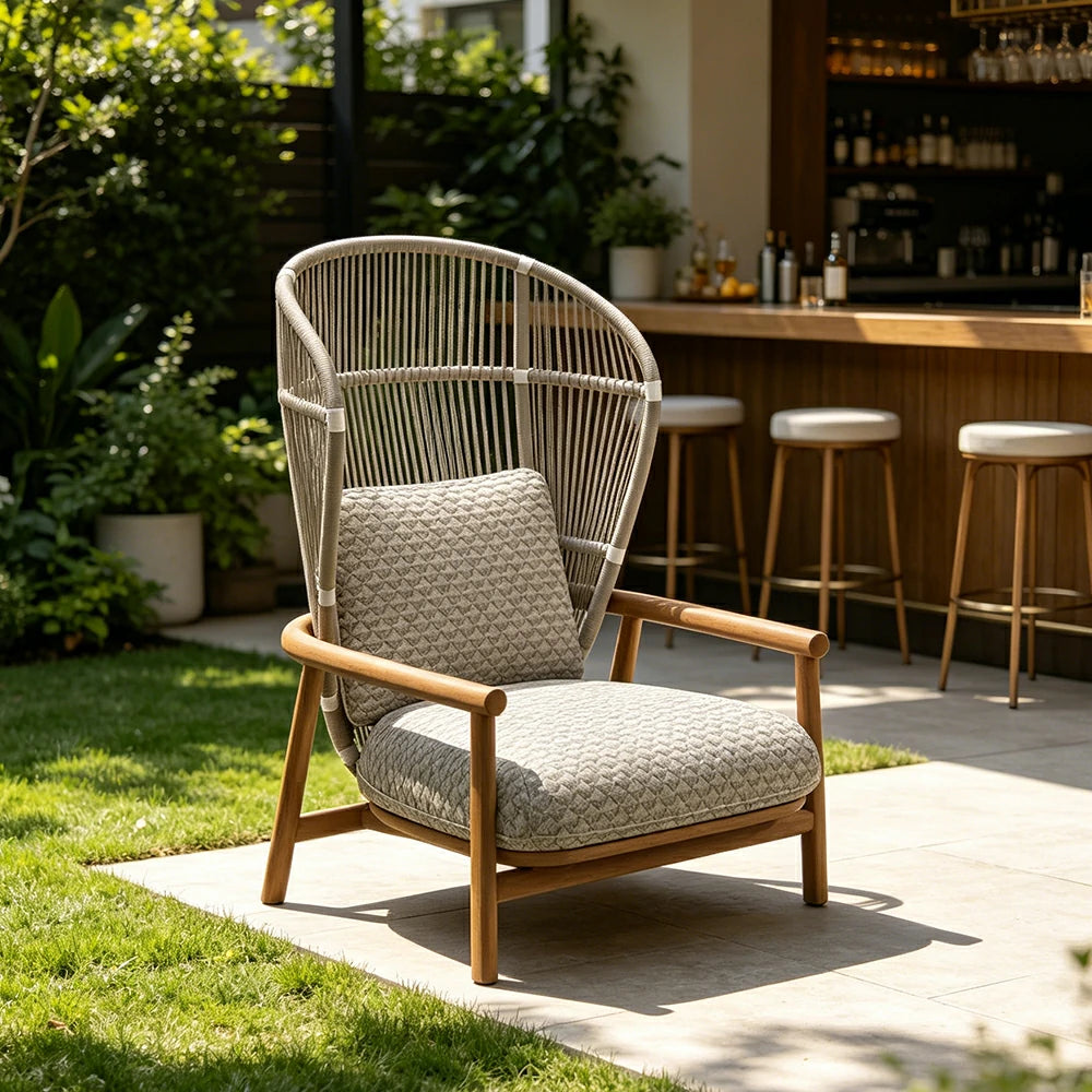 SOLARA Outdoor High Back Lounge Chair with Reinforced Aluminium Frame - 86cm Patio Garden Chair - Wood Grain Grey