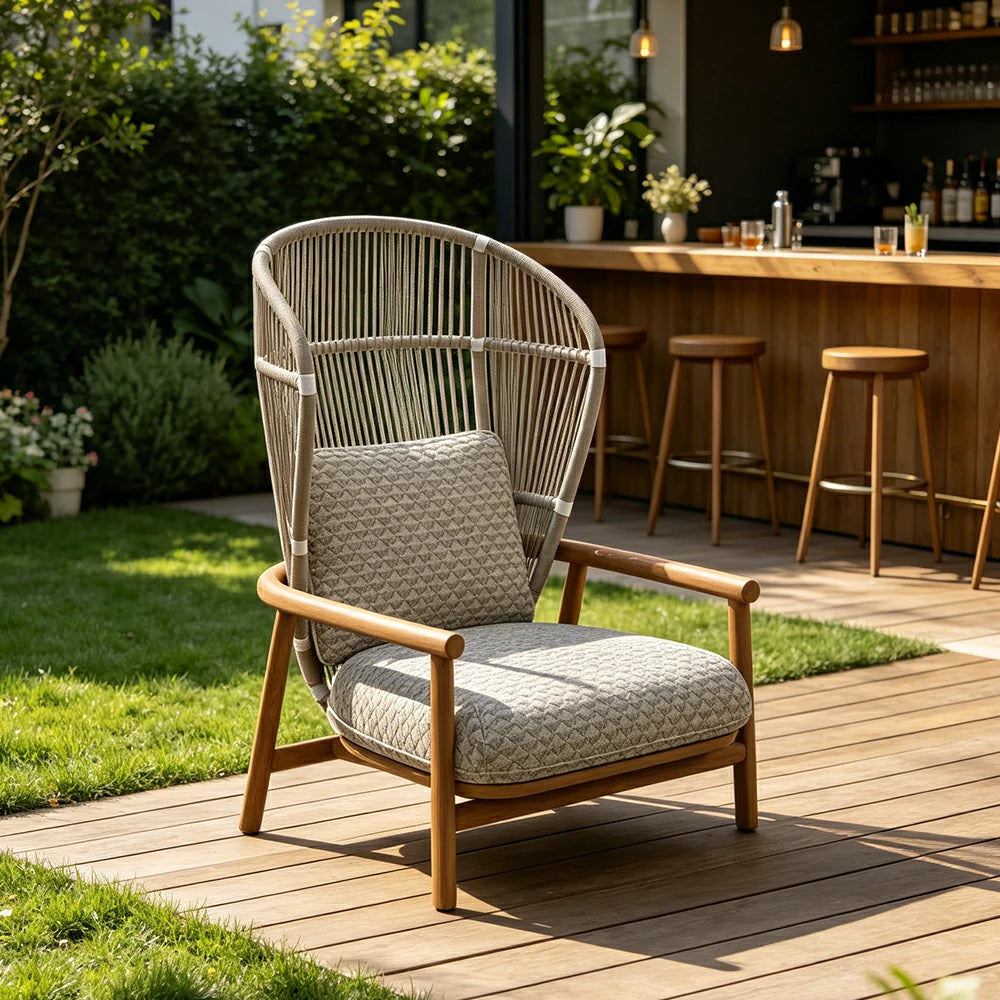 SOLARA Outdoor High Back Lounge Chair with Reinforced Aluminium Frame - 86cm Patio Garden Chair - Wood Grain Grey