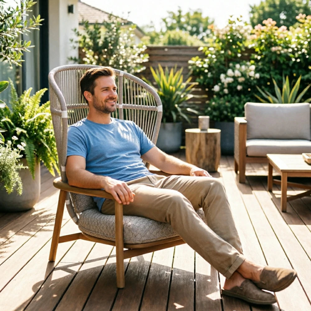 SOLARA Outdoor High Back Lounge Chair with Reinforced Aluminium Frame - 86cm Patio Garden Chair - Wood Grain Grey