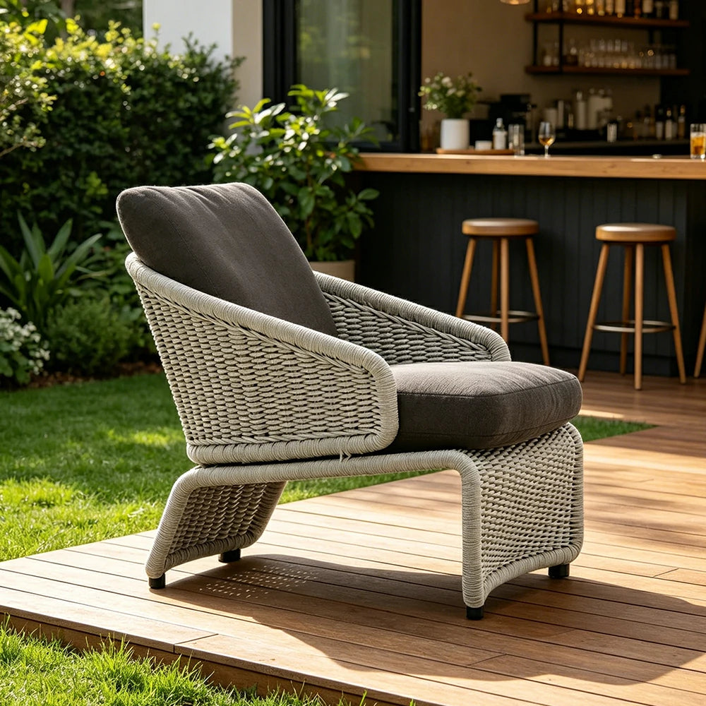 SOLARA Outdoor Rope Lounge Chair with Reinforced Aluminium Frame - 68cm Patio Balcony Garden Chair - Grey Black