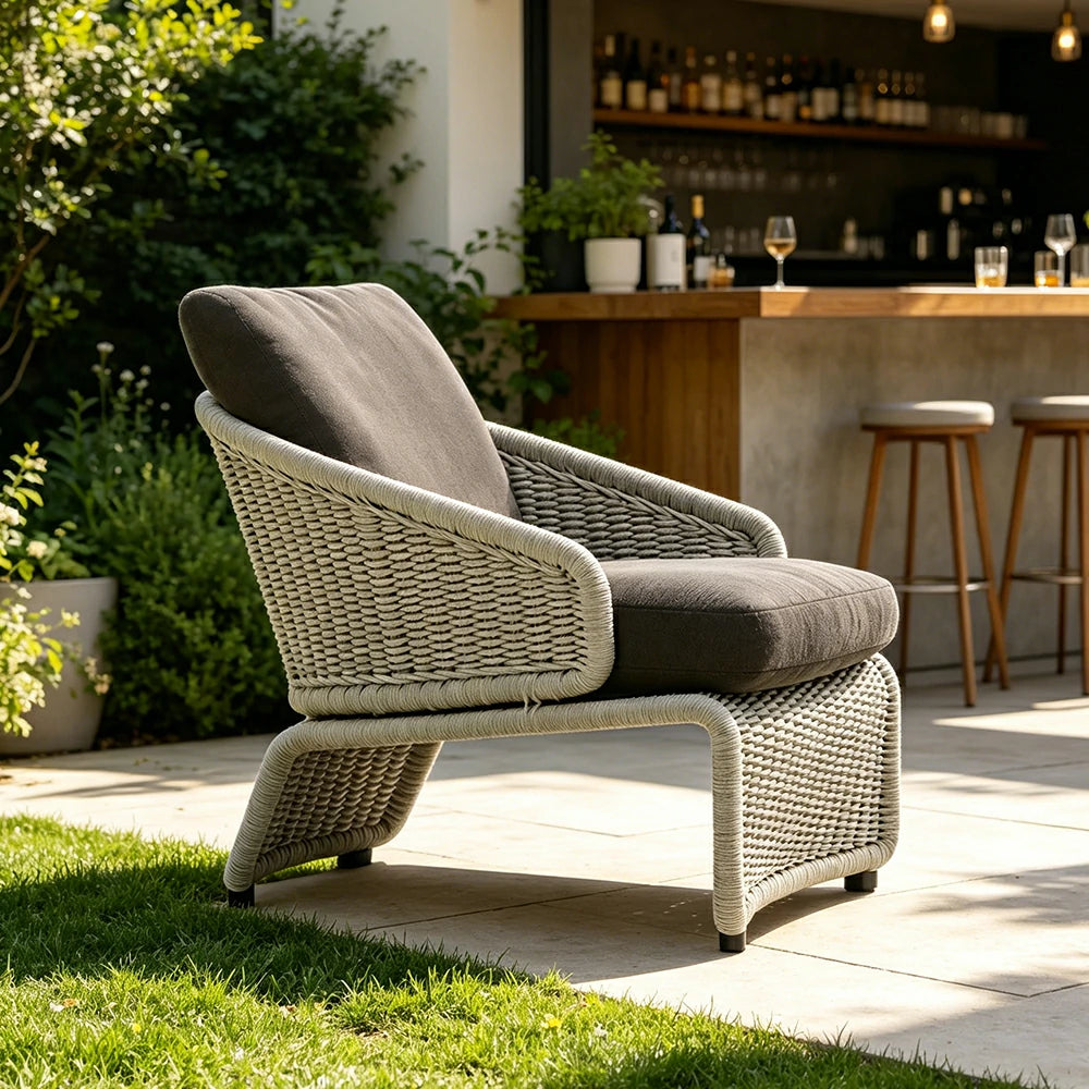 SOLARA Outdoor Rope Lounge Chair with Reinforced Aluminium Frame - 68cm Patio Balcony Garden Chair - Grey Black